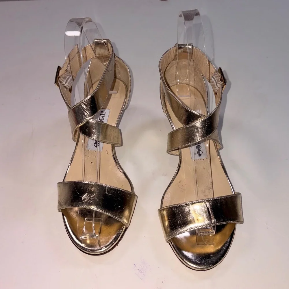 Jimmy Choo Wedge Sandals 35 Gold Metallic Leather Strappy Buckle Ankle Strap